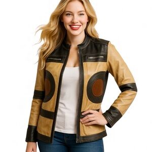 Pamela McCoy color block leather moto jacket